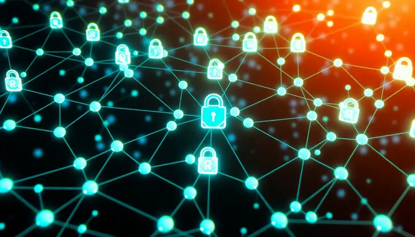 A blockchain network visual with interconnected nodes and digital security symbols.