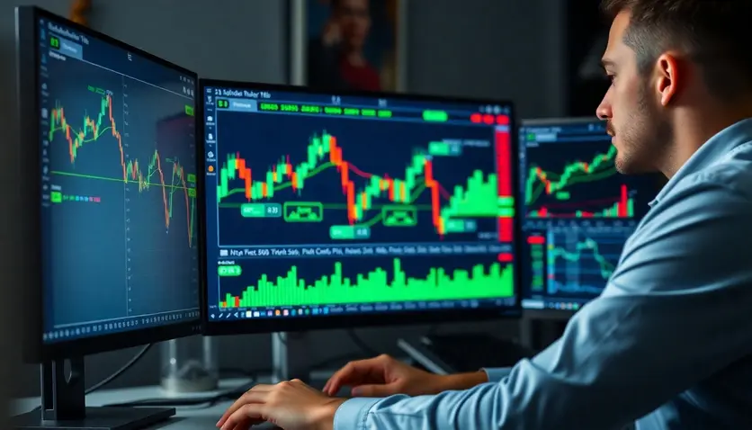 A trader analyzing crypto market charts on a computer screen. A trader analyzing crypto market charts on a computer screen.