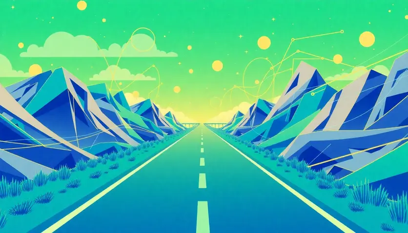 Illustration d'une route vers l'avenir symbolisant les perspectives futures de la blockchain.