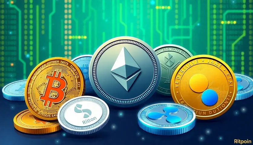 Illustration of various cryptocurrencies like Bitcoin, Ethereum, and Ripple with a digital background.