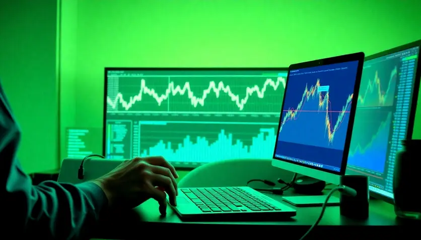 Un investisseur analysant des graphiques de cryptomonnaies sur un ordinateur.