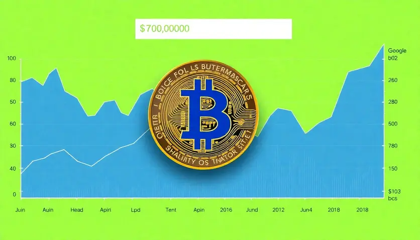 A chart showing Bitcoin's price at $70,000 with low Google search interest, symbolizing market neutrality and potential for future growth.