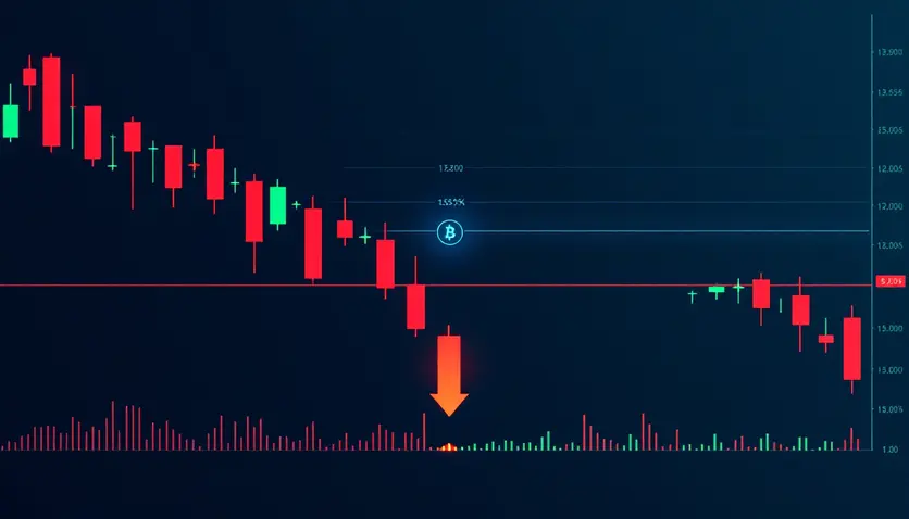 A professional illustration showing a bitcoin chart with a downward trend, red candles, and a dramatic drop, symbolizing a market correction. The style should be clean and modern, with a dark background and red/green elements typical of trading charts.