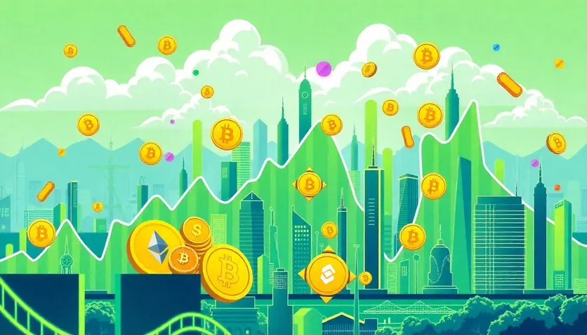 A vibrant and dynamic illustration of a bullish cryptocurrency market with various altcoins like Bitcoin, Ethereum, Solana, and Dogecoin showing upward trends. Include elements like charts, digital coins, and a futuristic cityscape to symbolize the fusion of traditional markets with cryptocurrencies.