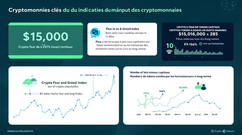 Graphique illustrant les indicateurs clés du marché des cryptomonnaies, incluant le Crypto Fear and Greed Index, le flux de nouveaux capitaux, et le nombre de tokens vendus par les détenteurs à long terme.