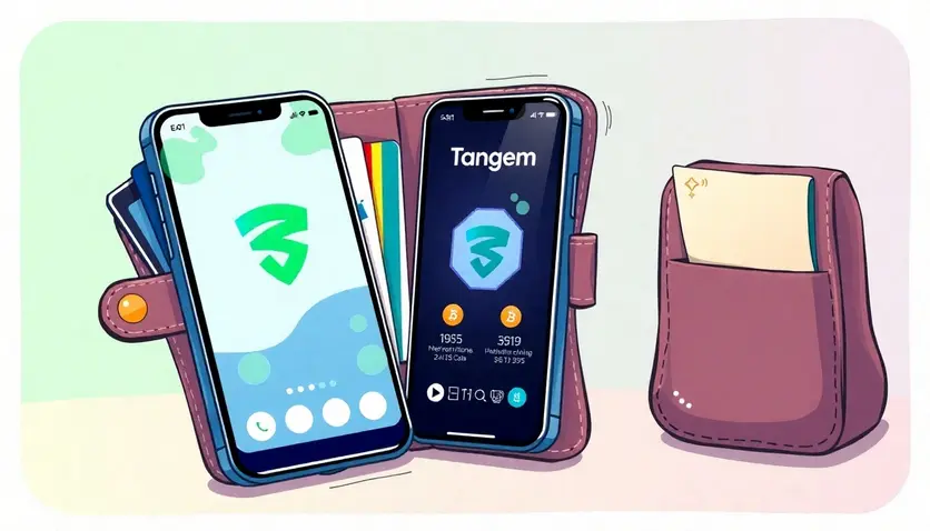 Illustration d'un Tangem Wallet avec des cartes et une bague, montrant l'interaction avec un smartphone pour la gestion des cryptomonnaies. Illustration d'un Tangem Wallet avec des cartes et une bague, montrant l'interaction avec un smartphone pour la gestion des cryptomonnaies.