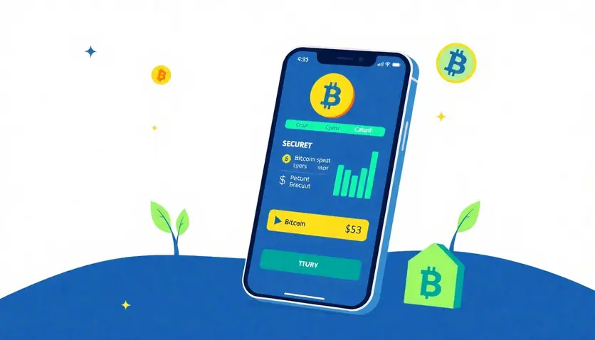 Illustration d'une application bancaire en ligne facilitant l'achat de Bitcoin, avec des icônes de sécurité et de transactions financières. Illustration d'une application bancaire en ligne facilitant l'achat de Bitcoin, avec des icônes de sécurité et de transactions financières.