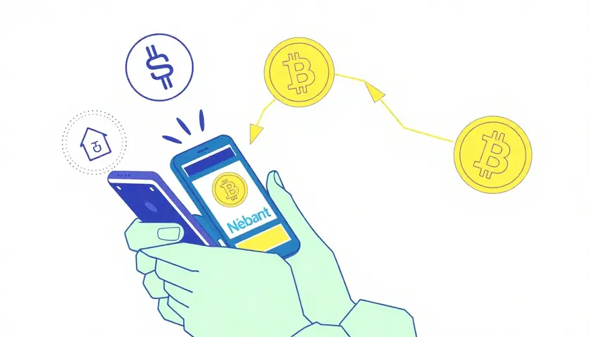 Illustration d'une personne utilisant une application de néobanque sur son smartphone pour acheter des Bitcoins, avec des éléments de sécurité et de tranquillité d'esprit visibles. Illustration d'une personne utilisant une application de néobanque sur son smartphone pour acheter des Bitcoins, avec des éléments de sécurité et de tranquillité d'esprit visibles.