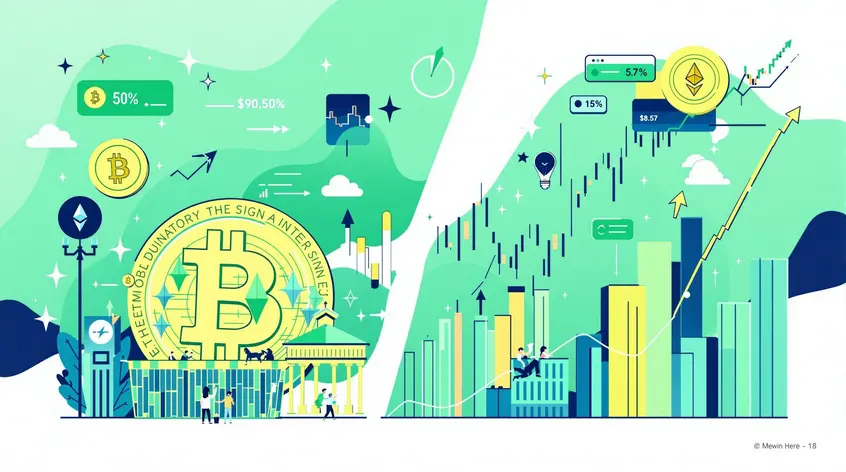 Illustration of Bitcoin and Ethereum reaching new all-time highs, with indicators and charts showing market trends and investor interest.