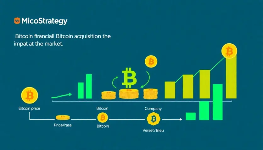 Illustration of MicroStrategy's financial strategy involving Bitcoin acquisition and its impact on the market, showing a cycle of investment, Bitcoin price increase, and company growth.