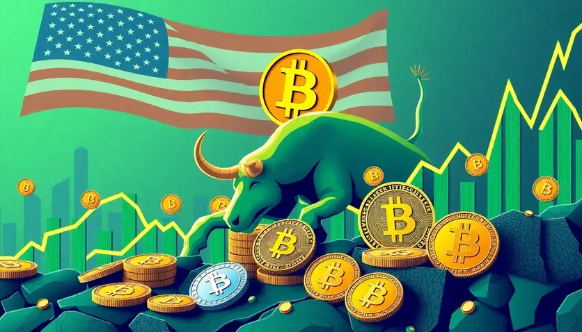 Illustration of a bullish cryptocurrency market with Bitcoin and altcoins, reflecting optimism and growth, set against a backdrop of political change in the United States.