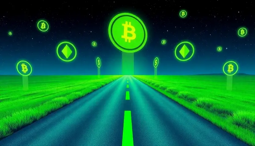 Image symbolique d'une route vers l'avenir avec des symboles de cryptomonnaies.