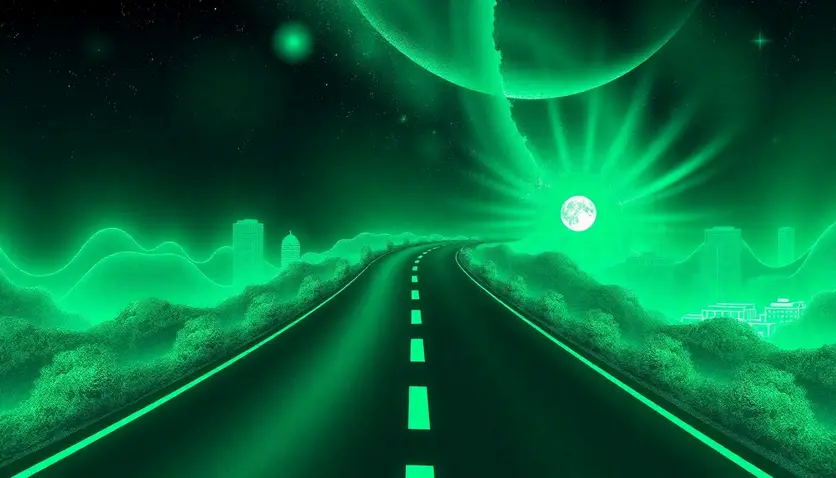 Image symbolique d'une route vers l'avenir des cryptomonnaies.