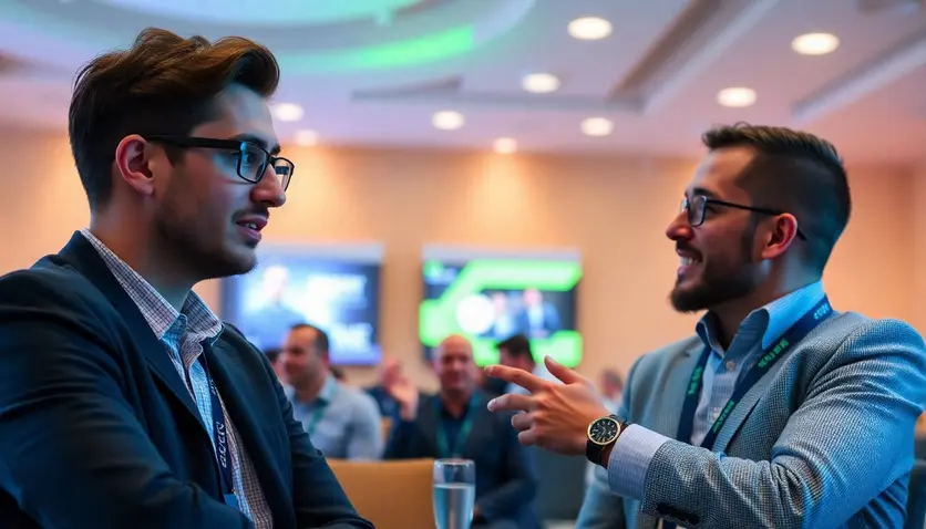 Portraits d'experts en cryptomonnaies discutant lors d'une conférence.