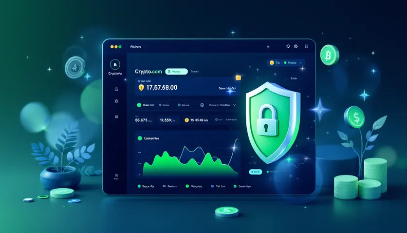 Une illustration montrant l'interface utilisateur de Crypto.com avec des éléments de sécurité et de trading. Une illustration montrant l'interface utilisateur de Crypto.com avec des éléments de sécurité et de trading.