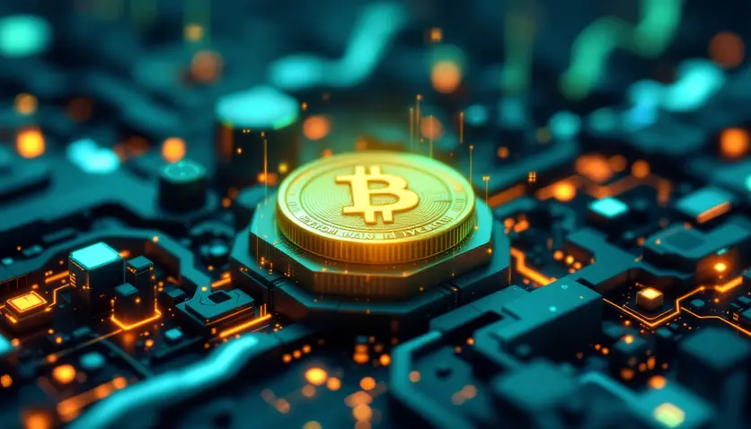 A futuristic representation of blockchain tokenizing real-world assets like stocks and bonds, with a focus on AI integration.