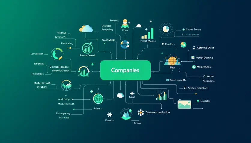 A mindmap illustrating how companies measure their economic growth, including key indicators like revenue growth, profit margins, market share, and customer satisfaction. A mindmap illustrating how companies measure their economic growth, including key indicators like revenue growth, profit margins, market share, and customer satisfaction.