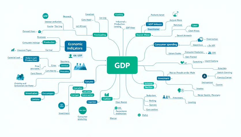 A mindmap illustrating the key economic indicators used to measure economic growth, including GDP, industrial production, consumer spending, and investment. A mindmap illustrating the key economic indicators used to measure economic growth, including GDP, industrial production, consumer spending, and investment.