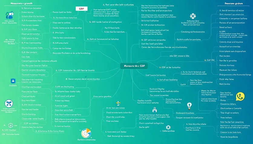 A mindmap summarizing the key points about measuring economic growth, including GDP, methods of calculation, and indicators used by companies. A mindmap summarizing the key points about measuring economic growth, including GDP, methods of calculation, and indicators used by companies.