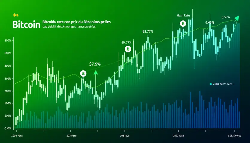 Graphique illustrant la corrélation entre le prix du Bitcoin, le hash rate et la disponibilité sur les échanges, avec des tendances haussières marquées.