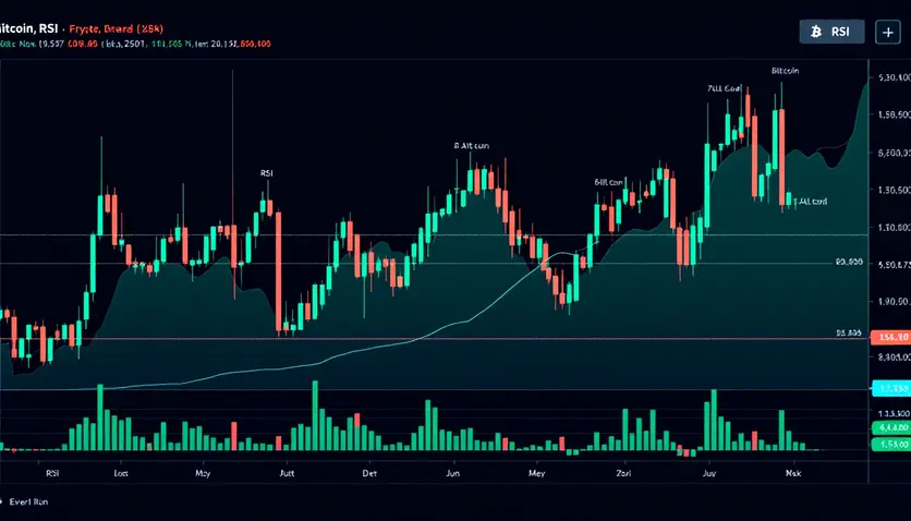 Graphique illustrant la dominance du Bitcoin et la stagnation des altcoins pendant un bull run, avec des indicateurs comme le RSI et le Crypto Fear and Greed Index.
