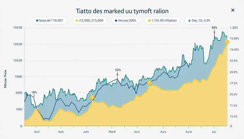 Graphique montrant la corrélation entre les taux de la Fed et le marché des cryptomonnaies, avec des fluctuations d'inflation et des projections de prix du Bitcoin.