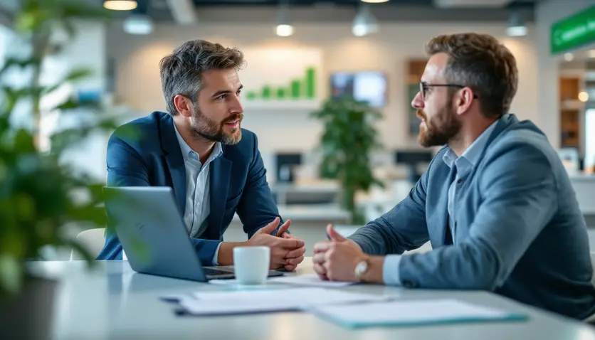Un client consultant un conseiller bancaire dans une agence de la Caisse d'Épargne, discutant des options de crédit renouvelable, avec des documents et un ordinateur sur la table. Un client consultant un conseiller bancaire dans une agence de la Caisse d'Épargne, discutant des options de crédit renouvelable, avec des documents et un ordinateur sur la table.