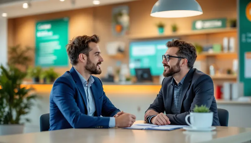 Un client consultant un conseiller bancaire dans une agence, discutant des options de crédit personnel à la Caisse d'Épargne. L'image montre une ambiance professionnelle et accueillante.