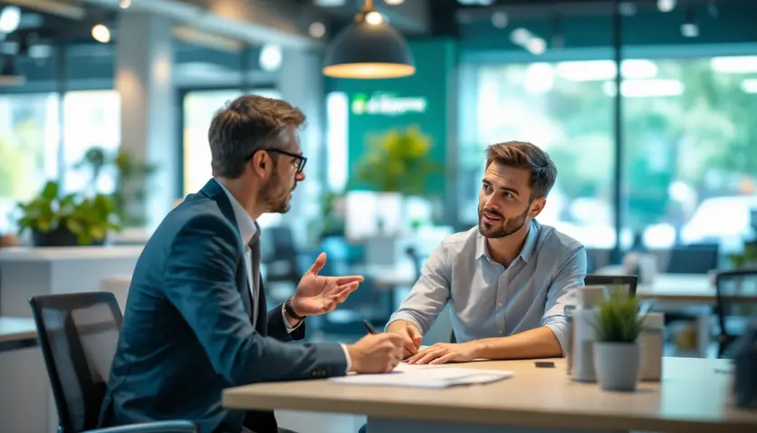 Un client discutant avec un conseiller bancaire dans une agence, discutant des options de crédit à la consommation à la Caisse d'Épargne.