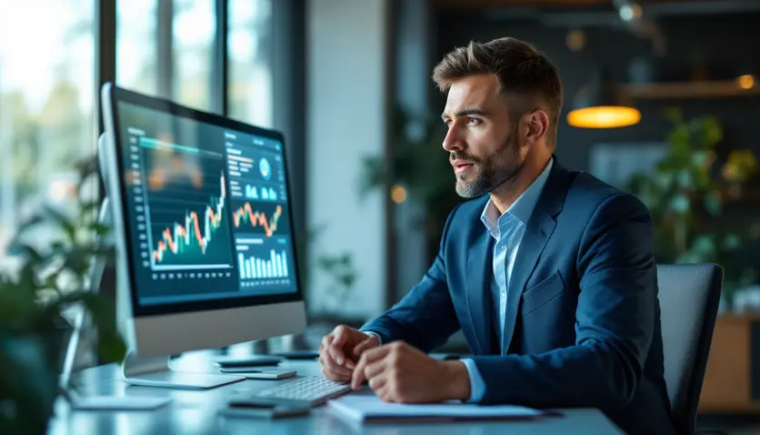 Un conseiller financier professionnel discutant avec un client dans un bureau moderne, avec des graphiques financiers visibles sur un écran en arrière-plan. Un conseiller financier professionnel discutant avec un client dans un bureau moderne, avec des graphiques financiers visibles sur un écran en arrière-plan.