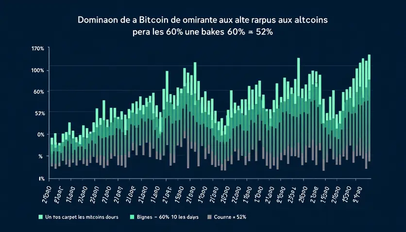 Un graphique illustrant la dominance de Bitcoin par rapport aux altcoins sur les 10 derniers jours, montrant une baisse de 60% à 52%.
