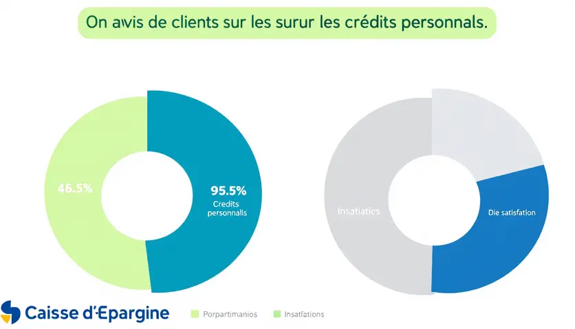 Un graphique illustrant les avis des clients sur les crédits personnels de la Caisse d'Épargne. Le graphique montre une répartition des avis positifs et négatifs, avec des icônes de satisfaction et d'insatisfaction.
