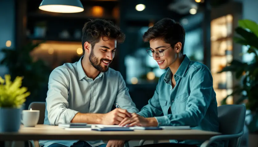 Un jeune adulte de 30 ans assis à une table, consultant ses finances avec un ordinateur portable et un carnet, dans un environnement lumineux et moderne. Un jeune adulte de 30 ans assis à une table, consultant ses finances avec un ordinateur portable et un carnet, dans un environnement lumineux et moderne.