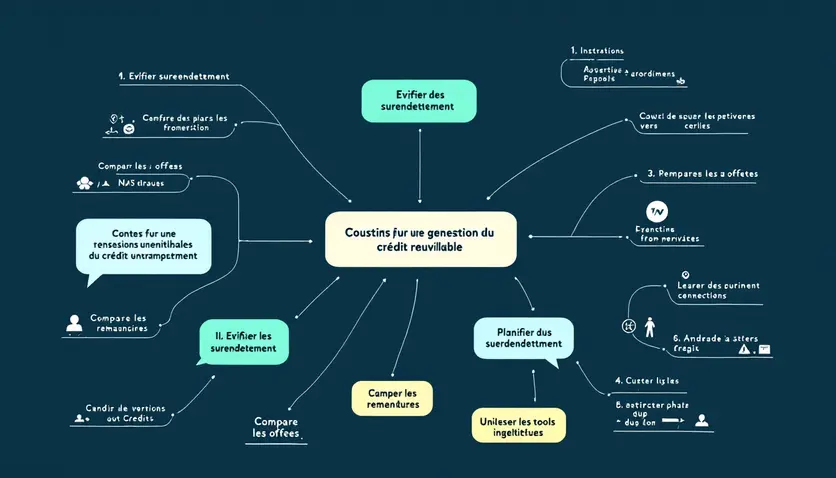 Une mindmap illustrant des conseils pour une gestion optimale du crédit renouvelable, avec des branches pour des thèmes comme éviter le surendettement, planifier les remboursements, comparer les offres et utiliser les outils numériques. Une mindmap illustrant des conseils pour une gestion optimale du crédit renouvelable, avec des branches pour des thèmes comme éviter le surendettement, planifier les remboursements, comparer les offres et utiliser les outils numériques.