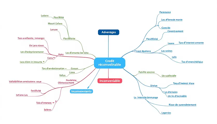 Une mindmap illustrant les avantages et inconvénients du crédit renouvelable, avec des branches pour les points positifs comme la flexibilité et la disponibilité immédiate, et des branches pour les points négatifs comme les taux d'intérêt élevés et le risque de surendettement. Une mindmap illustrant les avantages et inconvénients du crédit renouvelable, avec des branches pour les points positifs comme la flexibilité et la disponibilité immédiate, et des branches pour les points négatifs comme les taux d'intérêt élevés et le risque de surendettement.