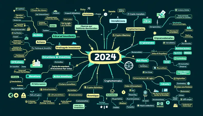 Une mindmap illustrant les différentes stratégies d'investissement pour 2024, incluant les actions, obligations, immobilier et cryptomonnaies, avec des flèches reliant chaque stratégie à ses avantages respectifs. Une mindmap illustrant les différentes stratégies d'investissement pour 2024, incluant les actions, obligations, immobilier et cryptomonnaies, avec des flèches reliant chaque stratégie à ses avantages respectifs.