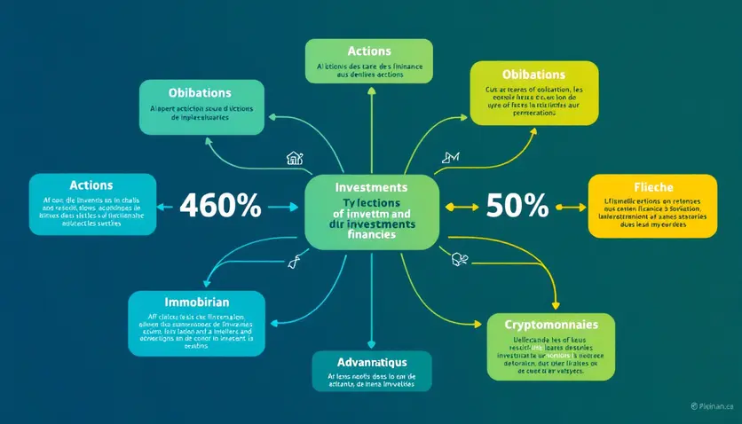 Une mindmap illustrant les différents types d'investissements financiers, comme les actions, obligations, immobilier et cryptomonnaies, avec des flèches reliant chaque type à ses avantages respectifs. Une mindmap illustrant les différents types d'investissements financiers, comme les actions, obligations, immobilier et cryptomonnaies, avec des flèches reliant chaque type à ses avantages respectifs.