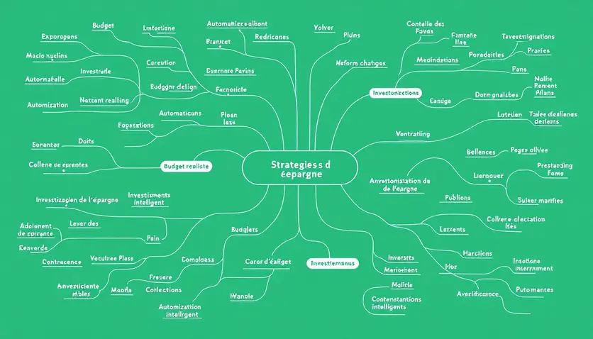 Une mindmap illustrant les stratégies d'épargne pour une personne de 30 ans, avec des branches représentant des concepts comme 'Budget réaliste', 'Automatisation de l'épargne', et 'Investissements intelligents', le tout dans un style moderne et épuré. Une mindmap illustrant les stratégies d'épargne pour une personne de 30 ans, avec des branches représentant des concepts comme 'Budget réaliste', 'Automatisation de l'épargne', et 'Investissements intelligents', le tout dans un style moderne et épuré.