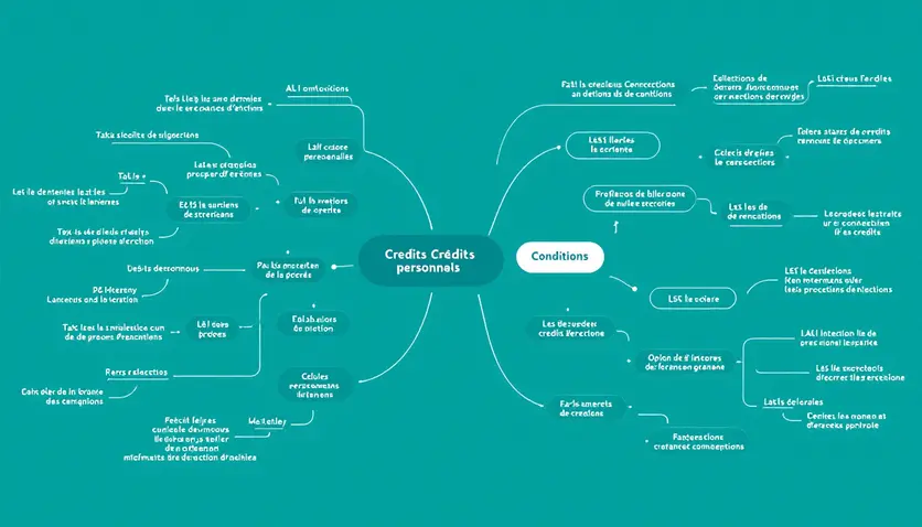 Une mindmap montrant les conditions principales des crédits personnels à la Caisse d'Épargne, incluant les taux d'intérêt, les options de remboursement anticipé et les frais éventuels.