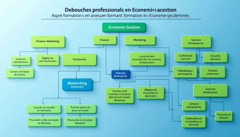 Une carte mentale illustrant les débouchés professionnels et académiques après une formation en Économie-Gestion, avec des branches représentant les carrières en finance, marketing, gestion d'entreprise, et les options de poursuite d'études en master ou doctorat. Une carte mentale illustrant les débouchés professionnels et académiques après une formation en Économie-Gestion, avec des branches représentant les carrières en finance, marketing, gestion d'entreprise, et les options de poursuite d'études en master ou doctorat.
