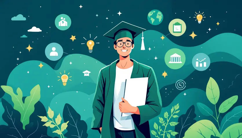 Une illustration conceptuelle montrant un étudiant diplômé en Économie-Gestion, tenant un diplôme, entouré d'icônes représentant des opportunités de carrière (finance, marketing, gestion) et des options académiques (master, doctorat). Une illustration conceptuelle montrant un étudiant diplômé en Économie-Gestion, tenant un diplôme, entouré d'icônes représentant des opportunités de carrière (finance, marketing, gestion) et des options académiques (master, doctorat).